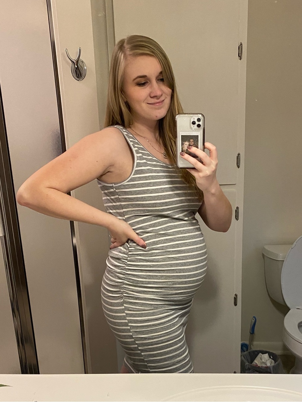 Gray & White Striped Sleeveless Ruched Bodycon Fitted Maternity Dress Medium